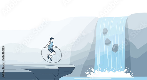 Athletic man skipping rope near a waterfall demonstrating healthy and active lifestyle with determination and physical strength on a cliff