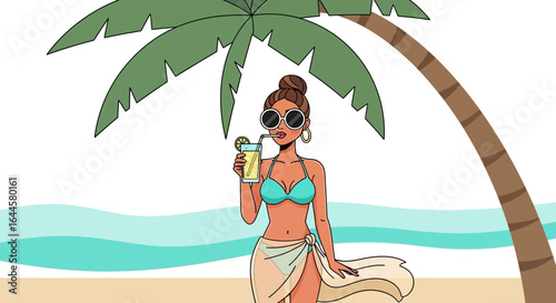Attractive woman enjoying a tropical cocktail under a palm tree on the beach holiday summer concept