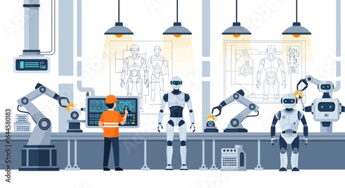 Automated Factory with Robots and Human Technician for Future Production and Industry