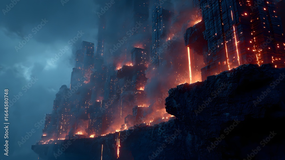 Fototapeta premium Fiery lava flows down a steep mountainous volcano at night