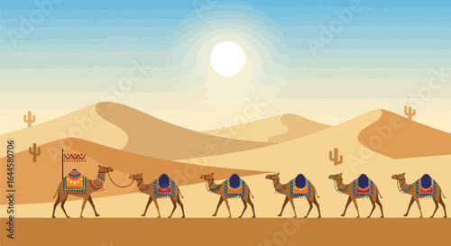 Camels Caravan Crossing Desert Dunes Under Sunny Sky Traditional Transportation