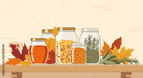 Autumn Harvest Still Life Illustration Featuring Jars of Preserves and Fall Leaves