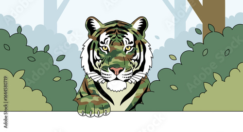 Camouflaged Tiger Illustration in Forest Landscape Representing Wildlife Conservation and Nature