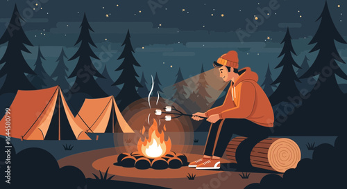 Camping under the stars: A cozy night roasting marshmallows by the fire with tents and forest silhouettes