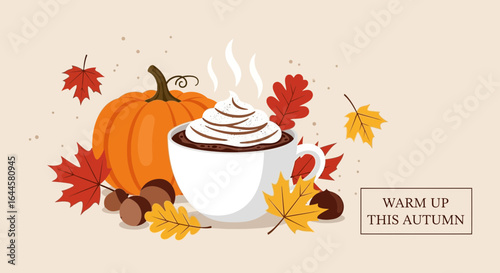 Autumn themed image with pumpkin and hot chocolate perfect for seasonal designs