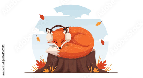 Autumn Tranquility: A Fox's Nap on a Tree Stump Amidst Falling Leaves in Nature