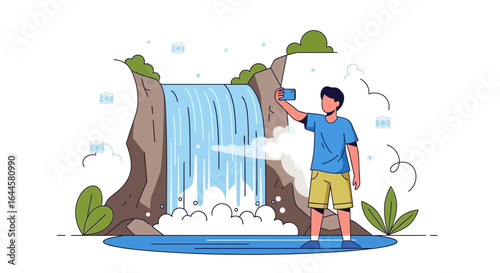 Capturing the moment: A traveler taking a selfie at a majestic waterfall adventure landscape for social media content