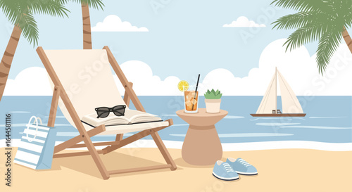 Cartoon Beach Scene With Deck Chair And Sailboat For Relaxation And Escape