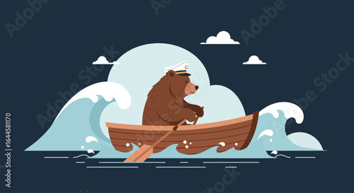 Cartoon bear navigating a rowboat through choppy waters with confidence and determination portrayed in a whimsical illustration style