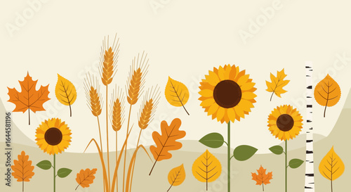 Autumnal Arrangement of Sunflowers Leaves and Wheat Illustration Design