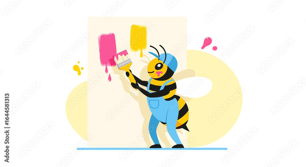 Fototapeta premium Cartoon bee painter at work creating colorful wall art cheerfully painting diligently
