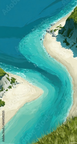 Serene aerial view of a pristine beach where a turquoise river meanders, curving between two sandy shores nestled within verdant cliffs