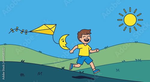 Cartoon Boy Running Happily With a Kite in an Outdoor Scene Illustration