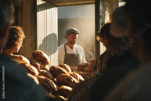 Morning in a bakery with the smell of fresh bread A baker opens the door and greets a line of waiting customers The mood is cheerful and busy, Generative AI