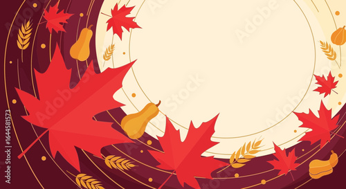 Autumnal Equinox Frame with Maple Leaves Pumpkins and Wheat for Festive Season Backdrop