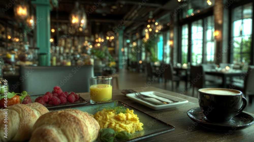 Fototapeta premium Close up of a cafe breakfast spread with coffee juice croissants scrambled eggs and raspberries