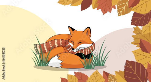 Autumnal Fox Napping Outdoors Wrapped In a Cozy Scarf Surrounded By Leaves