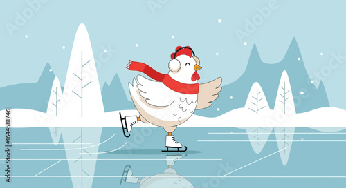 Cartoon chicken ice skating in a winter landscape, celebrating seasonal holidays with sports activity, vector design for christmas and new year
