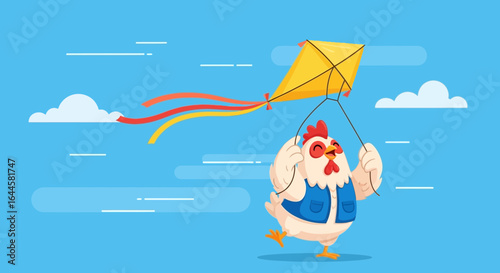 Cartoon chicken happily flies a yellow kite in a bright blue sky scene illustration