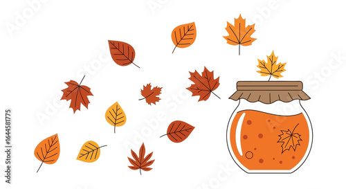 Autumnal Gathering Leaves Depositing in Jar Fall Themed Illustration