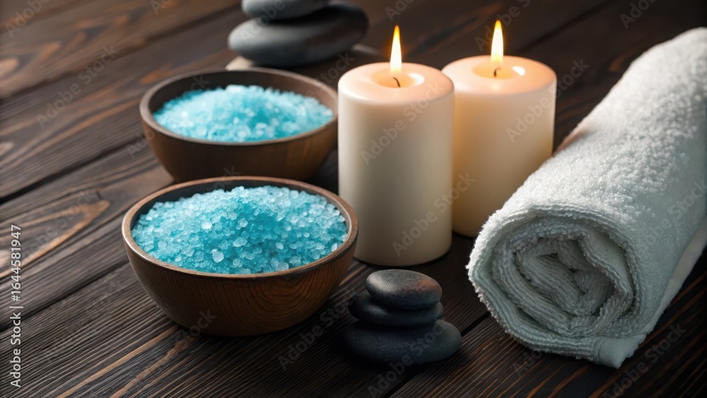 Spa setting with burning candles, blue bath salts in bowls, smooth stones, and a rolled towel Spa setting with burning candles, blue bath salts in bowls, smooth stones, and a rolled towel