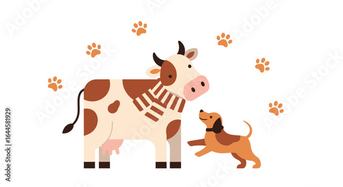 Cartoon Cow and Dog Illustration with Paw Prints for Children's Designs