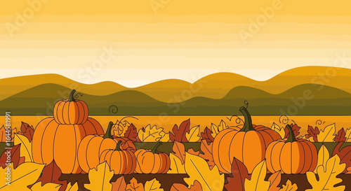 Autumnal harvest scene with pumpkins and leaves set against a scenic mountain range