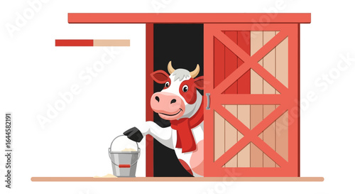 Cartoon Cow in Barn with Milk Bucket, Red and White Cow on Farm Concept