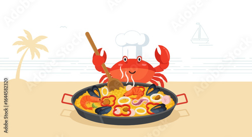 Cartoon crab chef preparing paella on a beach with palm trees and sailboat in the background