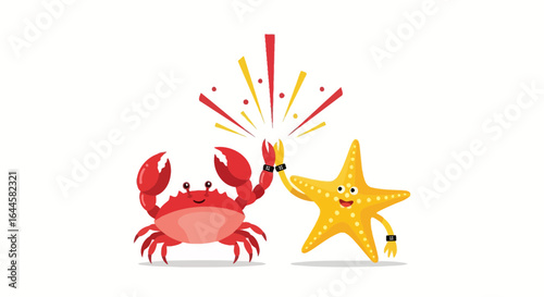 Cartoon Crab and Starfish High-Five Celebration: Cheerful Sea Friends Celebrating Together