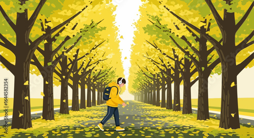 Autumnal walk through a golden ginkgo tree avenue illustration with figure listening to music enhancing a peaceful atmosphere