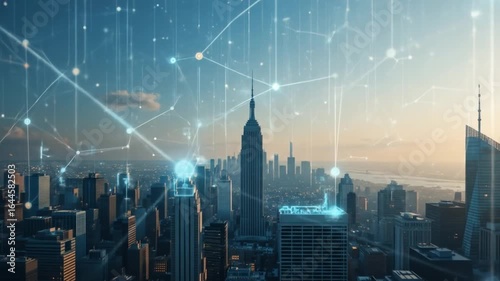 Futuristic New York City skyline with digital network connections for technology concept