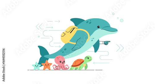 Cartoon Dolphin Leading a Group of Sea Creatures on an Adventure Trip with a Backpack