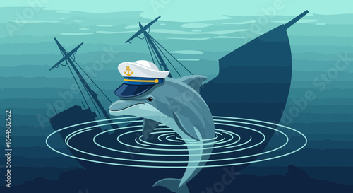 Cartoon Dolphin Captain with Sunken Ship, Creates Whimsical Underwater Scene