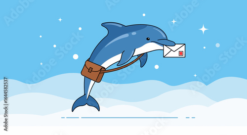 Cartoon dolphin mailman delivering envelope with a satchel against a blue sky background
