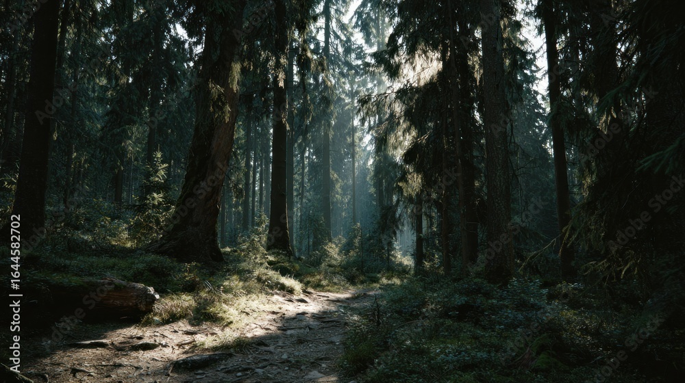 Obraz premium Sunbeams in a dense forest
