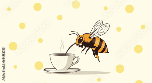 Bee Enjoying a Hot Drink, Vector Illustration For Honey Production Concept