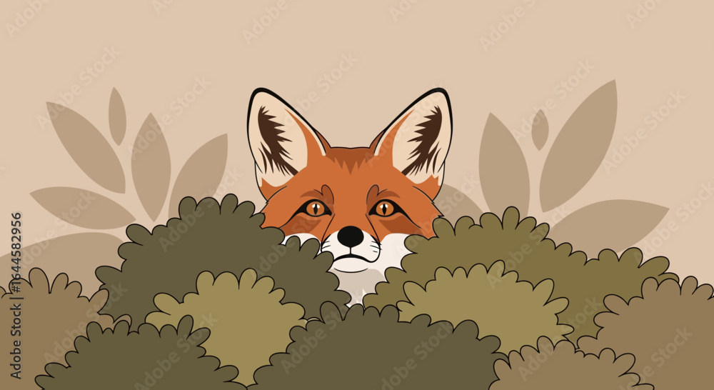 Fototapeta premium Cartoon Fox Peeking Out Of Bushes In A Flat Design And Earth Tone Palette