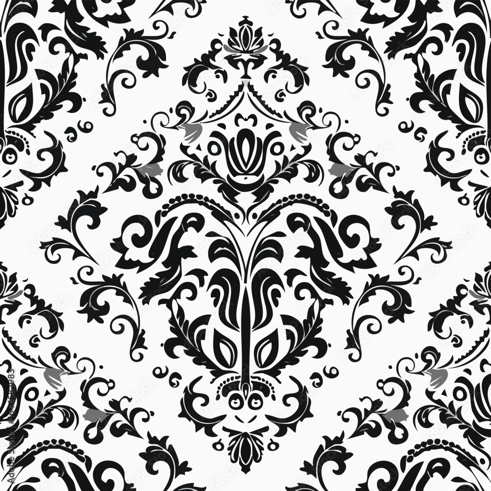 A black and white damask with a floral design on it
A black and white damask with a floral design on it