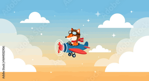Cartoon fox aviator in airplane flying in the sky with clouds and stars creating a fun and whimsical illustration