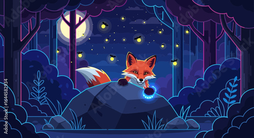 Cartoon fox in magical night forest with fireflies and glowing moon illustration