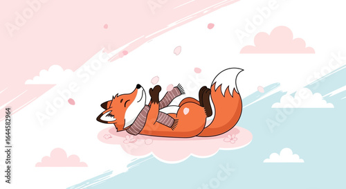 Cartoon fox relaxing on a cloud surrounded by falling flower petals illustration