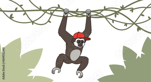 Cartoon gibbon hanging from vines with a red cap enjoying its jungle habitat scene