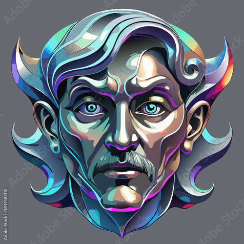 Captivating stylized portrait of a man with iridescent, flowing hair and striking blue eyes, exuding mystique and artistry.