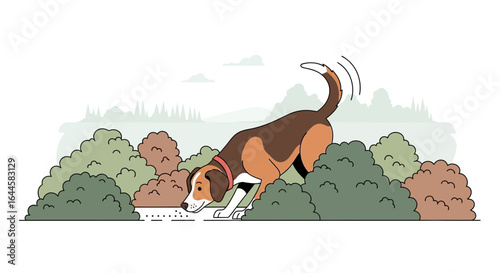 Cartoon illustration depicting a beagle sniffing on the ground in a natural setting