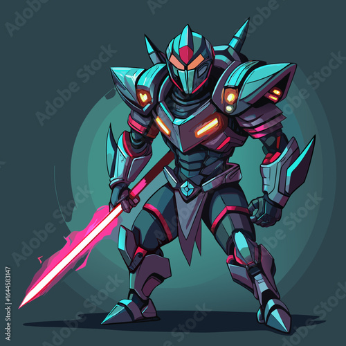 Powerful futuristic warrior with glowing energy sword ready for battle in sci-fi setting