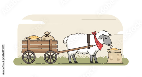 Cartoon illustration depicting a sheep pulling a cart and eating from a grain sack