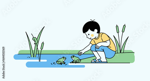 Cartoon illustration depicting a young boy discovering nature with two frogs by a pond in a serene scene