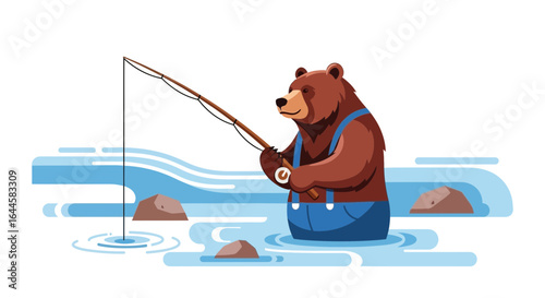 Cartoon illustration of a bear fishing in a river with a fishing rod and wearing blue overalls