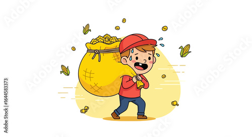 Cartoon illustration of a boy carrying a heavy bag of corn with sweat dripping down his face